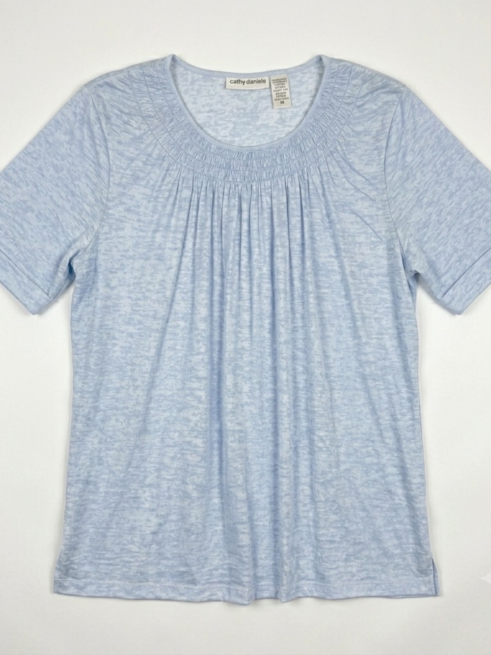 Cathy Daniels Women’s 1X Top Blue Heathered Pleated Neck Short Sleeve Shirt - Picture 1 of 8